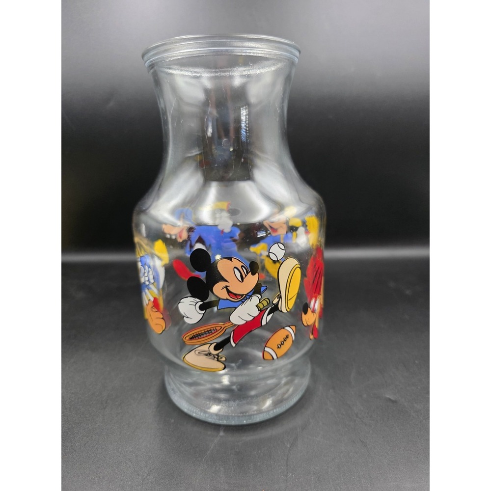 Vintage Disney Mickey Mouse Goofy Pluto Donald Glass Carafe Juice Water Pitcher